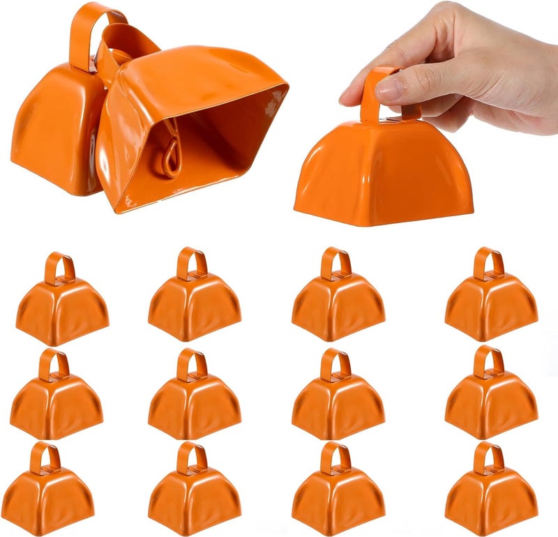 Tobeelec 12 Pcs Metal Cowbells with Handle, Cow Bells Noise Makers for Sporting Events, Small Cow Bell Loud Bells Noisemaker Hand Percussion Cow Bells Noise Makers for Sporting Events, Football Games (Orange) - Image 1